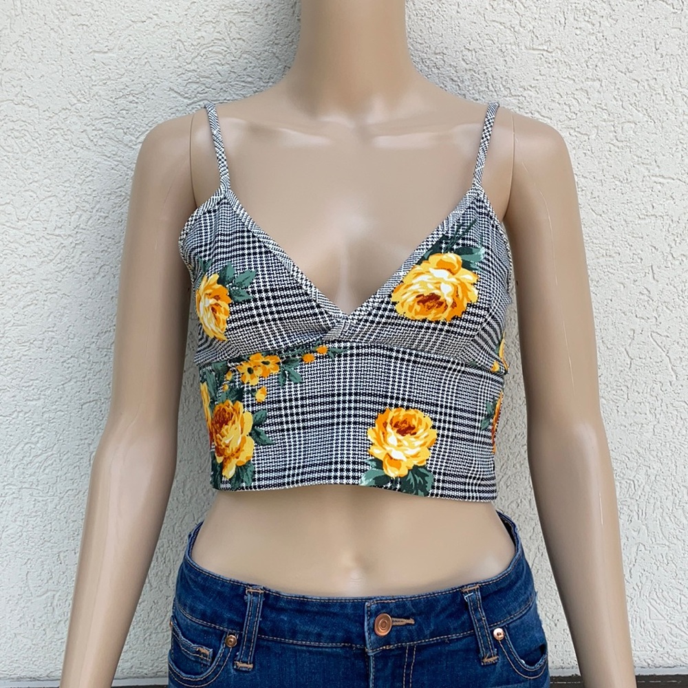 Objex floral houndstooth crop top Y2K